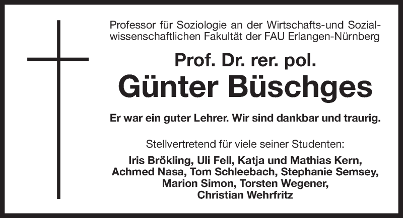  Traueranzeige für Günter Büschges vom 30.06.2017 aus Gesamtausgabe Nürnberger Nachrichten/ Nürnberger Ztg.