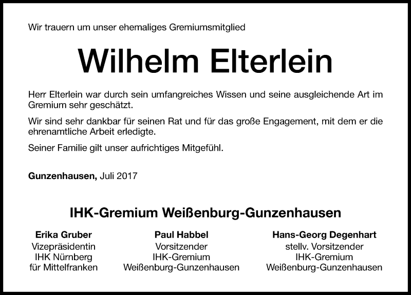  Traueranzeige für Wilhelm Elterlein vom 26.07.2017 aus Altmühl-Bote Lokal