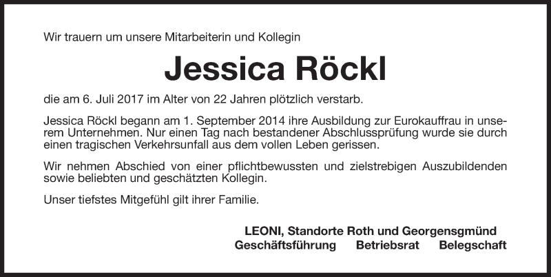  Traueranzeige für Jessica Röckl vom 12.07.2017 aus Roth-Hilpoltsteiner Volkszeitung Lokal