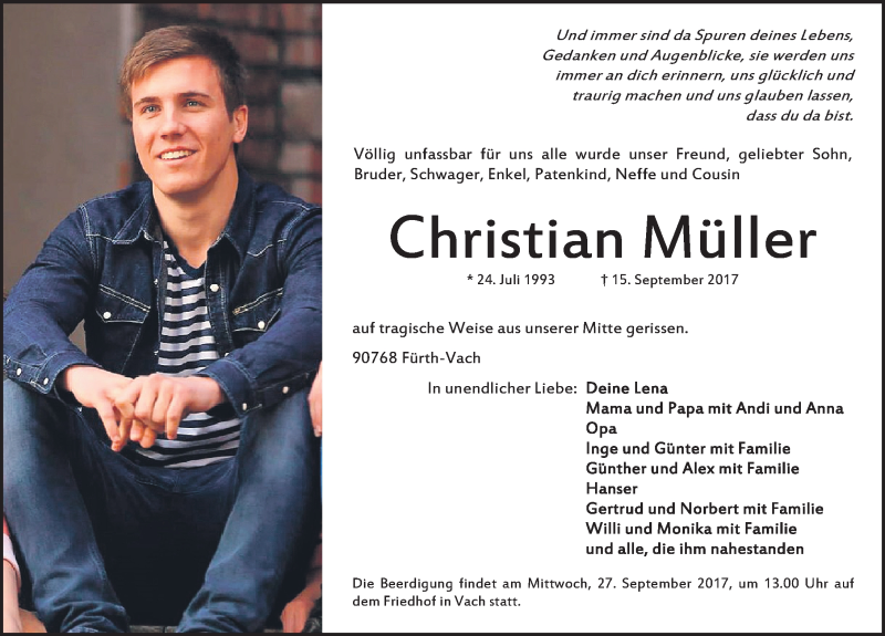  Traueranzeige für Christian Müller vom 23.09.2017 aus Fürther Nachrichten Lokal