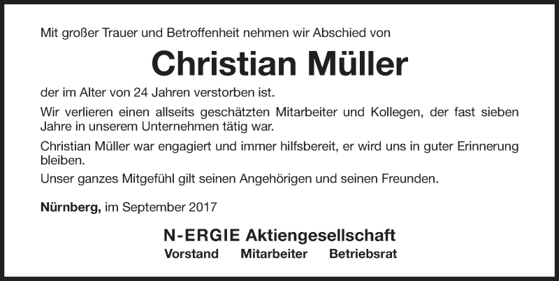  Traueranzeige für Christian Müller vom 26.09.2017 aus Gesamtausgabe Nürnberger Nachrichten/ Nürnberger Ztg.