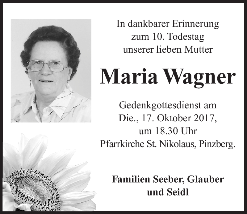  Traueranzeige für Maria Wagner vom 29.09.2017 aus Nordbayerische Nachrichten Forchheim Lokal