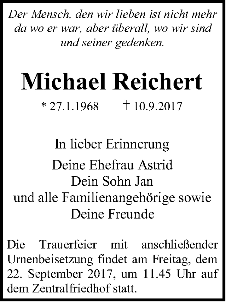  Traueranzeige für Michael Reichert vom 20.09.2017 aus Erlanger Nachrichten Lokal