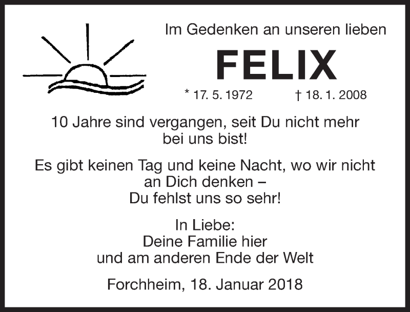  Traueranzeige für Felix  vom 18.01.2018 aus Nordbayerische Nachrichten Forchheim Lokal