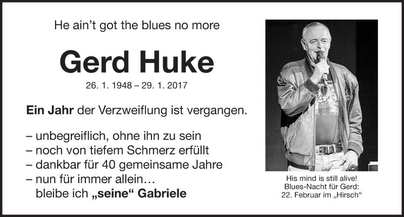  Traueranzeige für Gerd Huke vom 27.01.2018 aus Gesamtausgabe Nürnberger Nachrichten/ Nürnberger Ztg.