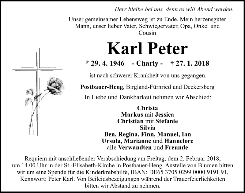  Traueranzeige für Karl Peter vom 31.01.2018 aus Neumarkter Nachrichten Lokal