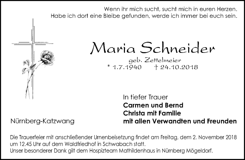  Traueranzeige für Maria Schneider vom 27.10.2018 aus Schwabach