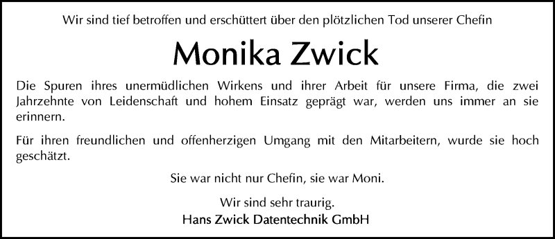  Traueranzeige für Monika Zwick vom 29.10.2018 aus Gesamtausgabe Nürnberger Nachrichten/ Nürnberger Ztg.