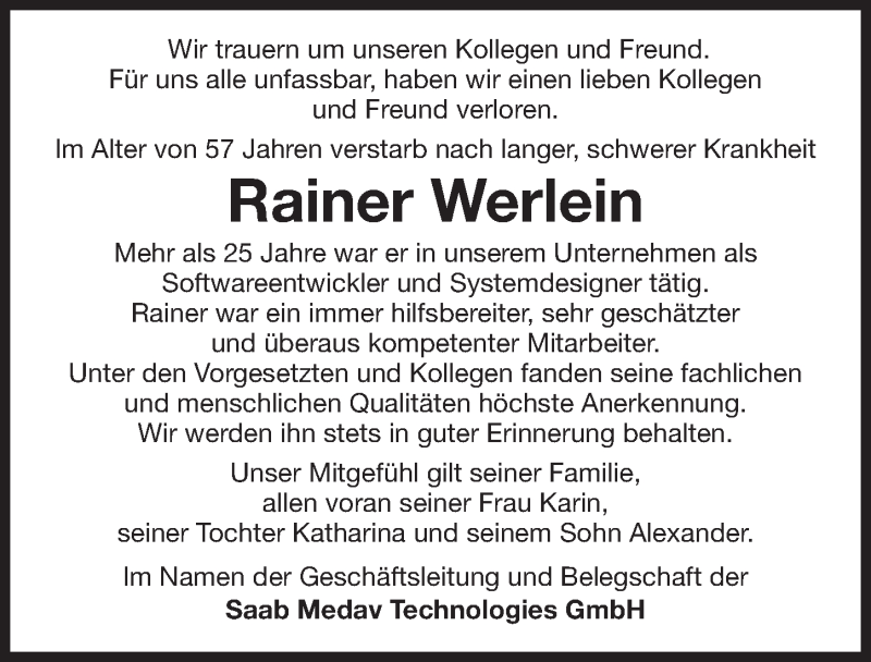  Traueranzeige für Rainer Werlein vom 27.10.2018 aus Erlanger Nachrichten Lokal
