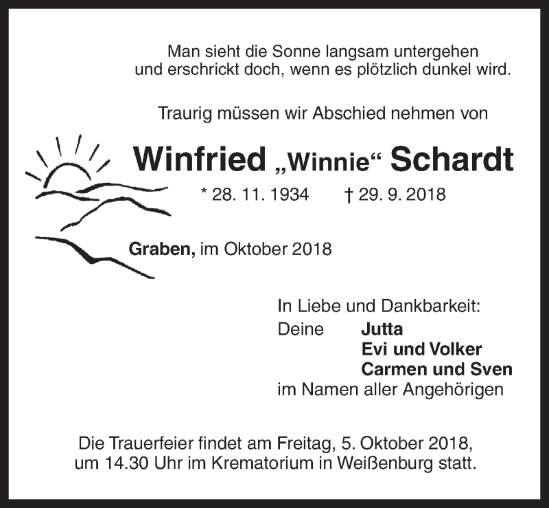  Traueranzeige für Winfried Schardt vom 02.10.2018 aus Gesamtausgabe Nürnberger Nachrichten/ Nürnberger Ztg.