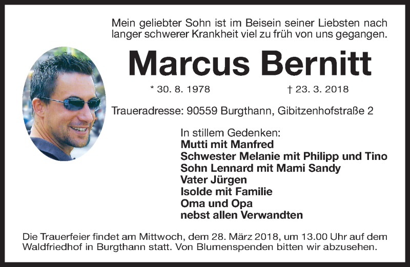  Traueranzeige für Marcus Bernitt vom 26.03.2018 aus Gesamtausgabe Nürnberger Nachrichten/ Nürnberger Ztg.
