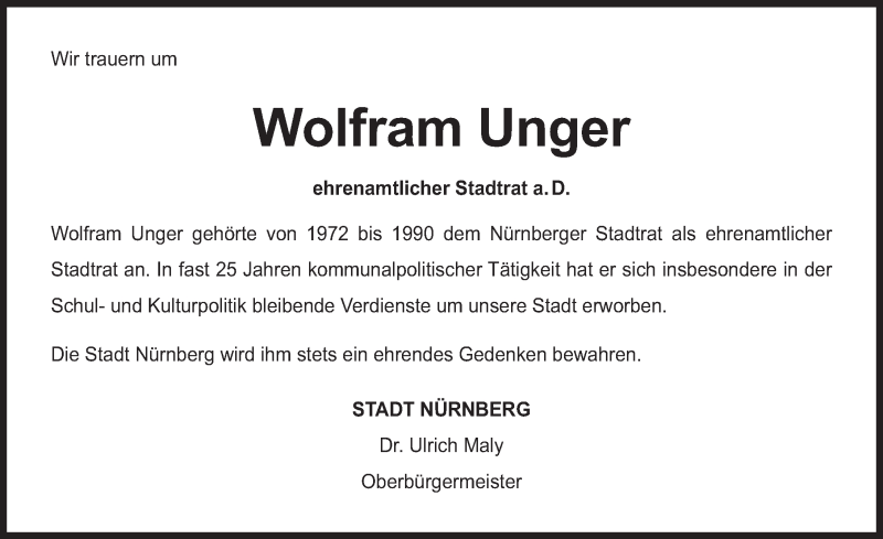  Traueranzeige für Wolfram Unger vom 21.03.2018 aus Gesamtausgabe Nürnberger Nachrichten/ Nürnberger Ztg.