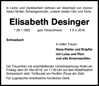 Traueranzeige von Elisabeth Desinger von Schwabach