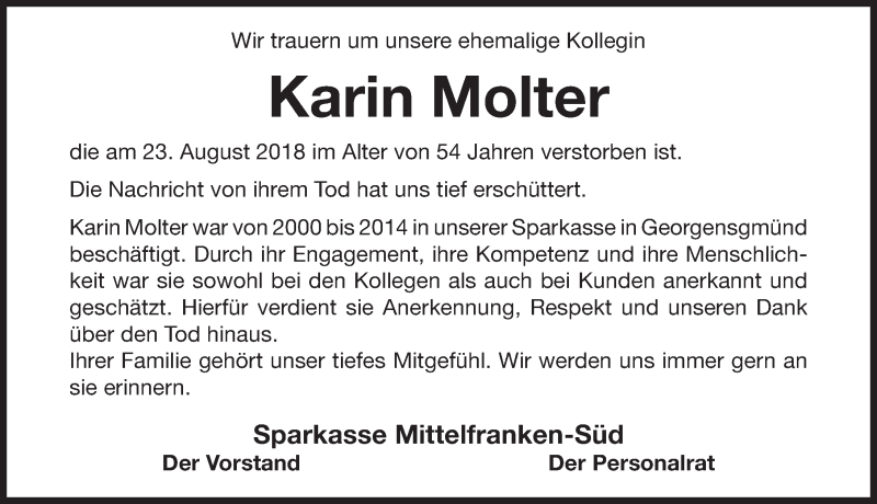  Traueranzeige für Karin Molter vom 29.08.2018 aus Roth-Hilpoltsteiner Volkszeitung Lokal