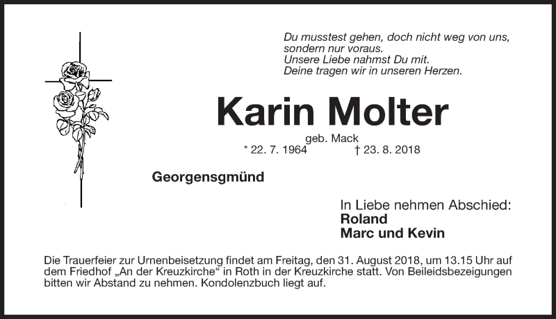  Traueranzeige für Karin Molter vom 29.08.2018 aus Roth-Hilpoltsteiner Volkszeitung Lokal