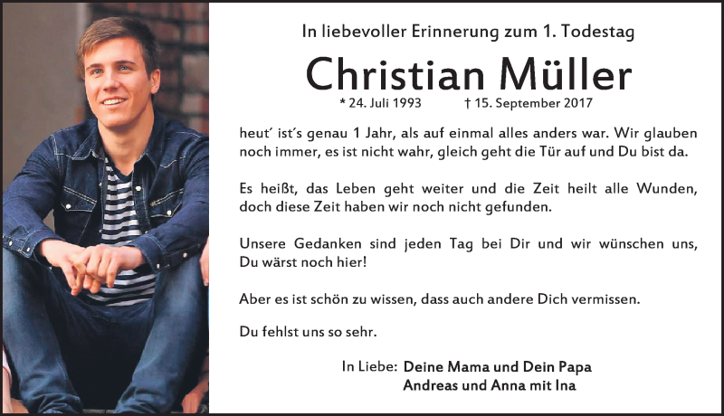  Traueranzeige für Christian Müller vom 15.09.2018 aus Fürther Nachrichten Lokal