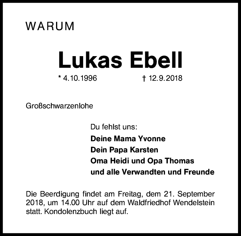  Traueranzeige für Lukas Ebell vom 19.09.2018 aus Schwabach