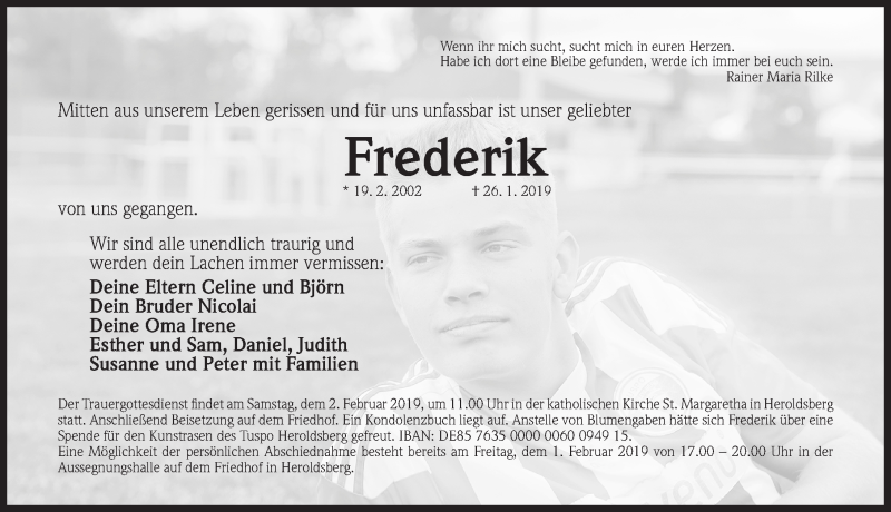  Traueranzeige für Frederik Wilke vom 31.01.2019 aus Gesamtausgabe Nürnberger Nachrichten/ Nürnberger Ztg.