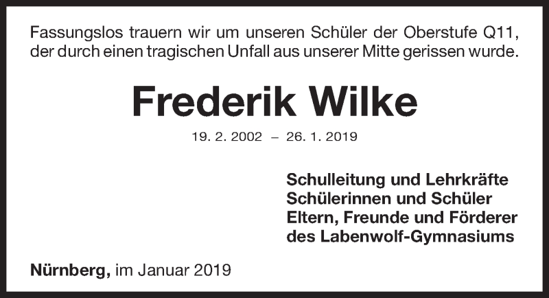  Traueranzeige für Frederik Wilke vom 31.01.2019 aus Gesamtausgabe Nürnberger Nachrichten/ Nürnberger Ztg.