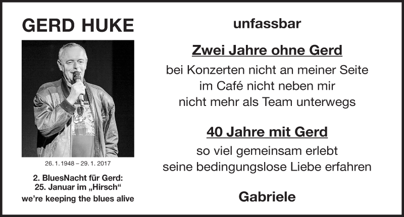  Traueranzeige für Gerd Huke vom 25.01.2019 aus Gesamtausgabe Nürnberger Nachrichten/ Nürnberger Ztg.