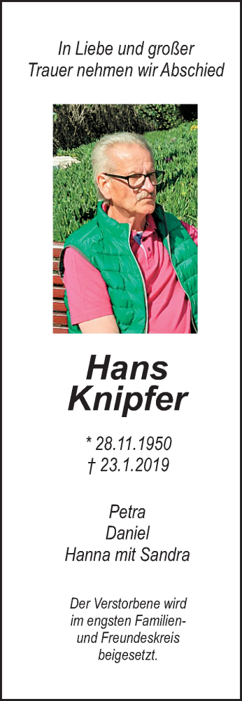  Traueranzeige für Hans Knipfer vom 26.01.2019 aus Neumarkter Nachrichten Lokal