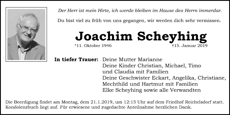  Traueranzeige für Joachim Scheyhing vom 19.01.2019 aus Schwabach