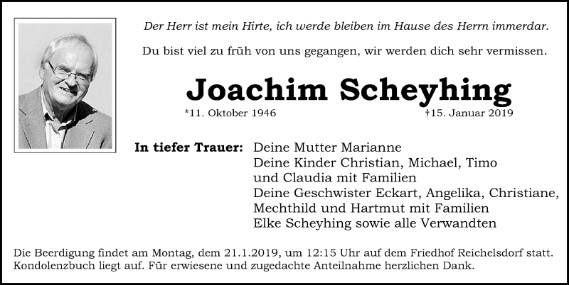  Traueranzeige für Joachim Scheyhing vom 19.01.2019 aus Gesamtausgabe Nürnberger Nachrichten/ Nürnberger Ztg.