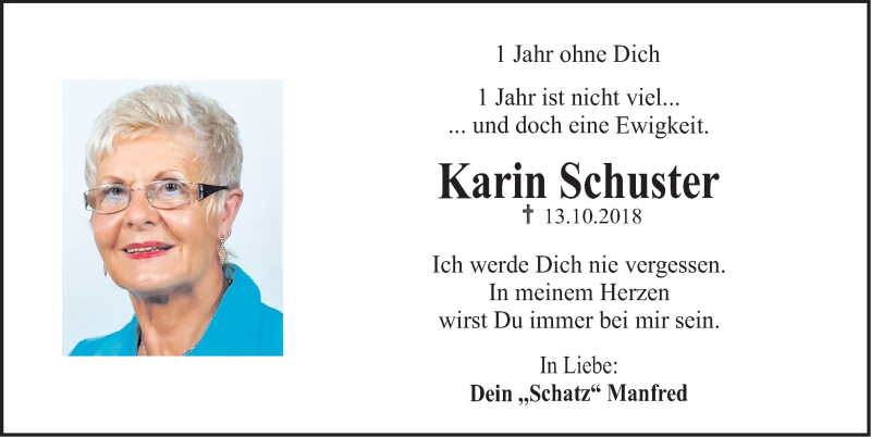  Traueranzeige für Karin Schuster vom 12.10.2019 aus Erlanger Nachrichten Lokal