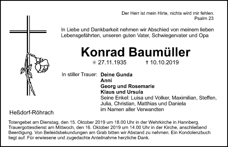  Traueranzeige für Konrad Baumüller vom 14.10.2019 aus Nordbayerische Nachrichten Herzogenaurach Lokal