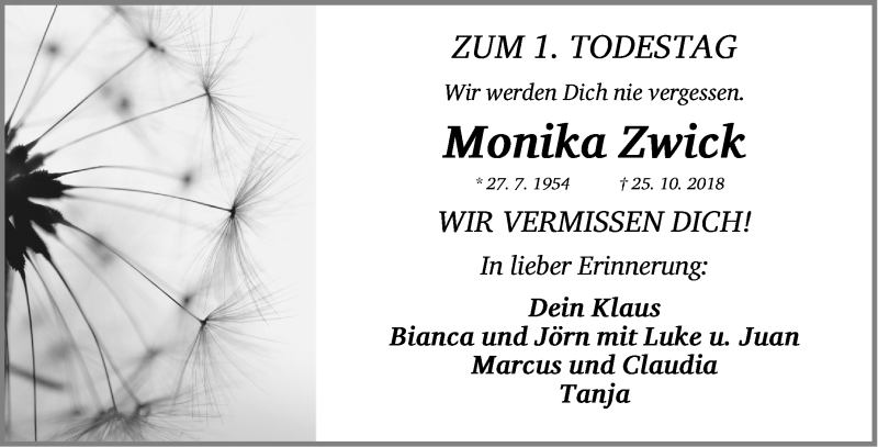  Traueranzeige für Monika Zwick vom 25.10.2019 aus Gesamtausgabe Nürnberger Nachrichten/ Nürnberger Ztg./ Fürther Nachrichten