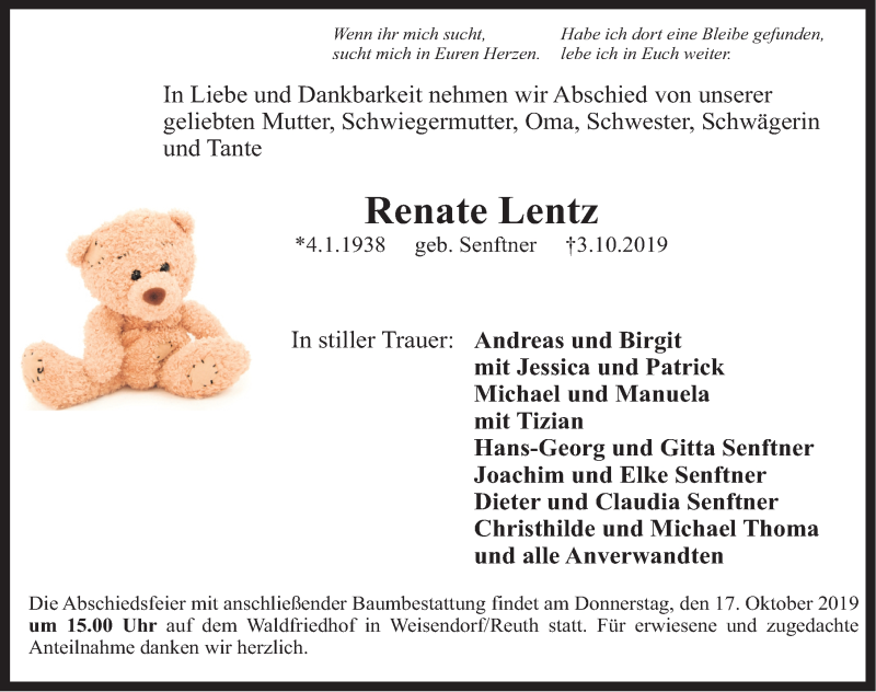  Traueranzeige für Renate Lentz vom 12.10.2019 aus Nordbayerische Nachrichten Herzogenaurach Lokal