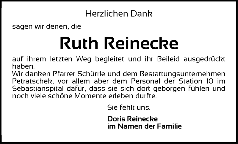 Traueranzeige für Ruth Reinecke vom 23.11.2019 aus Gesamtausgabe Nürnberger Nachrichten/ Nürnberger Ztg./ Nordbayer. Nachrichten Herzogenaurach
