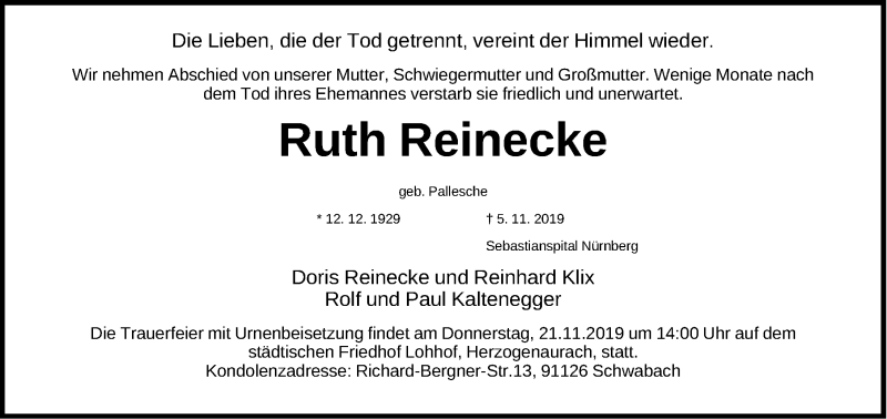  Traueranzeige für Ruth Reinecke vom 09.11.2019 aus Gesamtausgabe Nürnberger Nachrichten/ Nürnberger Ztg./ Nordbayer. Nachrichten Herzogenaurach