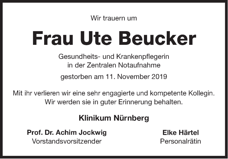  Traueranzeige für Ute Beucker vom 15.11.2019 aus Gesamtausgabe Nürnberger Nachrichten/ Nürnberger Ztg.