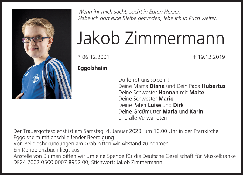  Traueranzeige für Jakob Zimmermann vom 28.12.2019 aus Nordbayer. Nachrichten Forchheim/ Gesamtausgabe Nürnberger Nachrichten/ Nürnberger Ztg.