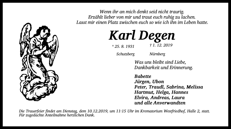  Traueranzeige für Karl Degen vom 07.12.2019 aus Gesamtausgabe Nürnberger Nachrichten/ Nürnberger Ztg.