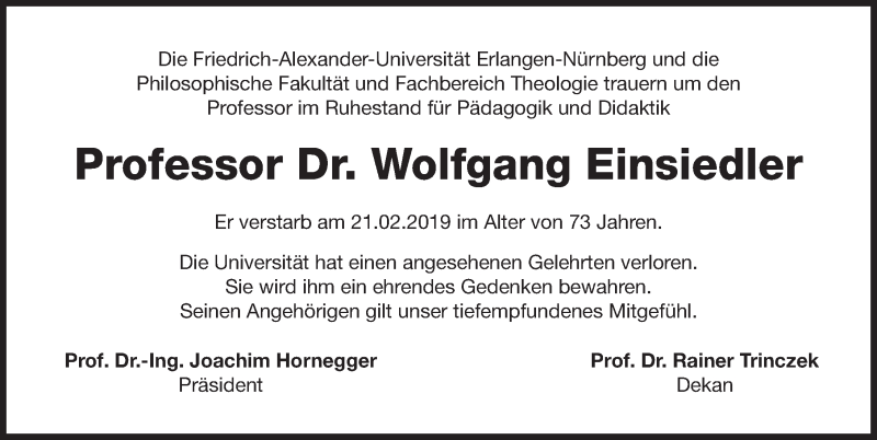  Traueranzeige für Wolfgang Einsiedler vom 26.02.2019 aus Gesamtausgabe Nürnberger Nachrichten/ Nürnberger Ztg.