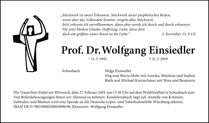  Traueranzeige für Wolfgang Einsiedler vom 23.02.2019 aus Schwabach