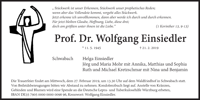  Traueranzeige für Wolfgang Einsiedler vom 23.02.2019 aus Gesamtausgabe Nürnberger Nachrichten/ Nürnberger Ztg.