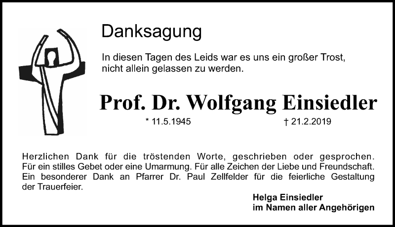  Traueranzeige für Wolfgang Einsiedler vom 09.03.2019 aus Schwabach