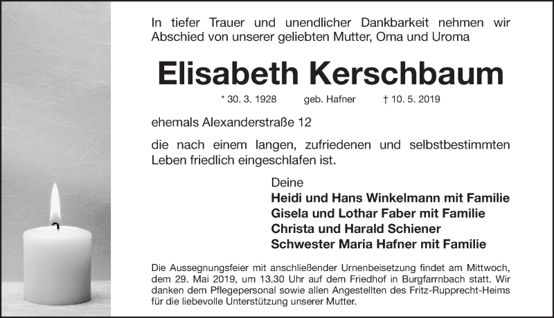  Traueranzeige für Elisabeth Kerschbaum vom 25.05.2019 aus Fürther Nachrichten Lokal