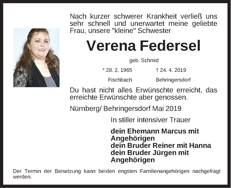  Traueranzeige für Verena Federsel vom 04.05.2019 aus Gesamtausgabe Nürnberger Nachrichten/ Nürnberger Ztg.