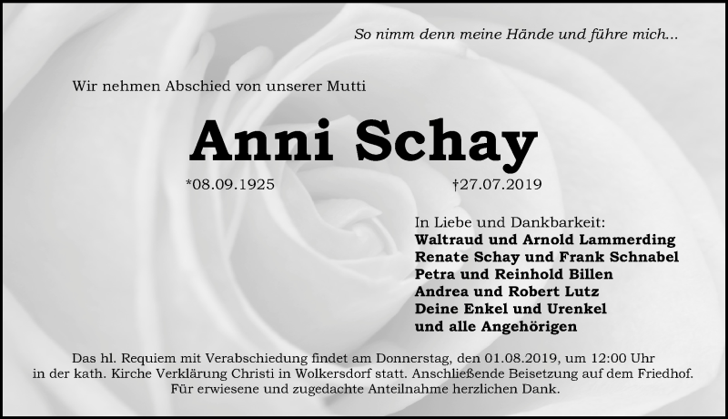 Traueranzeige für Anni	
 Schay vom 30.07.2019 aus Schwabach