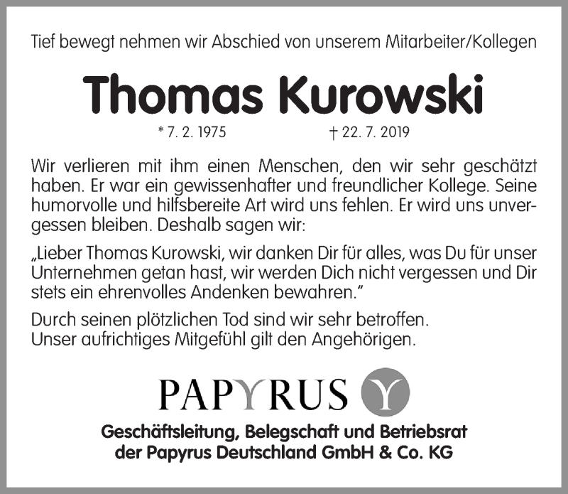  Traueranzeige für Thomas Kurowski vom 26.07.2019 aus Gesamtausgabe Nürnberger Nachrichten/ Nürnberger Ztg.
