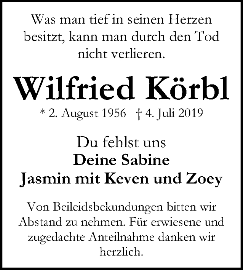  Traueranzeige für Wilfried Körbl vom 09.07.2019 aus Fürther Nachrichten Lokal