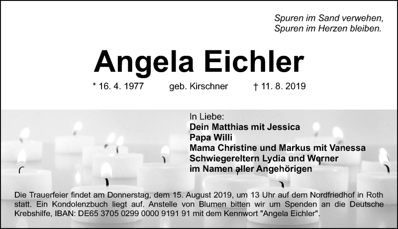  Traueranzeige für Angela Eichler vom 14.08.2019 aus Gesamtausgabe Nürnberger Nachrichten/ Nürnberger Ztg./ Roth-Hilpoltsteiner Volkszeitung