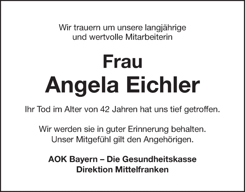  Traueranzeige für Angela Eichler vom 15.08.2019 aus Gesamtausgabe Nürnberger Nachrichten/ Nürnberger Ztg.