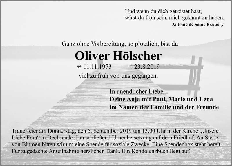  Traueranzeige für Oliver Hölscher vom 28.08.2019 aus Erlanger Nachrichten Lokal