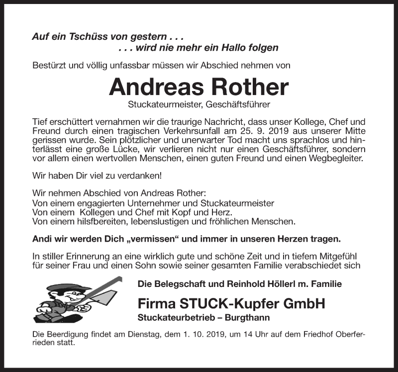  Traueranzeige für Andreas Rother vom 28.09.2019 aus Neumarkter Nachrichten Lokal