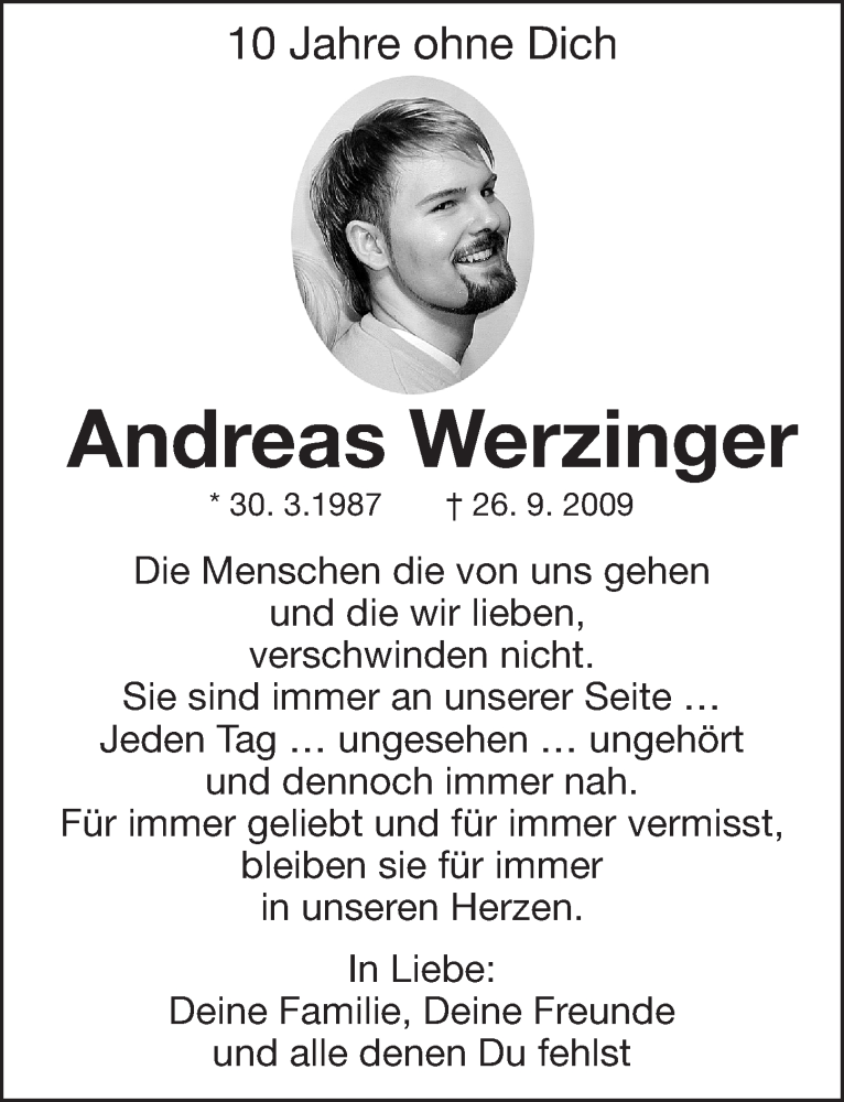  Traueranzeige für Andreas Werzinger vom 26.09.2019 aus Gesamtausgabe Nürnberger Nachrichten/ Nürnberger Ztg.